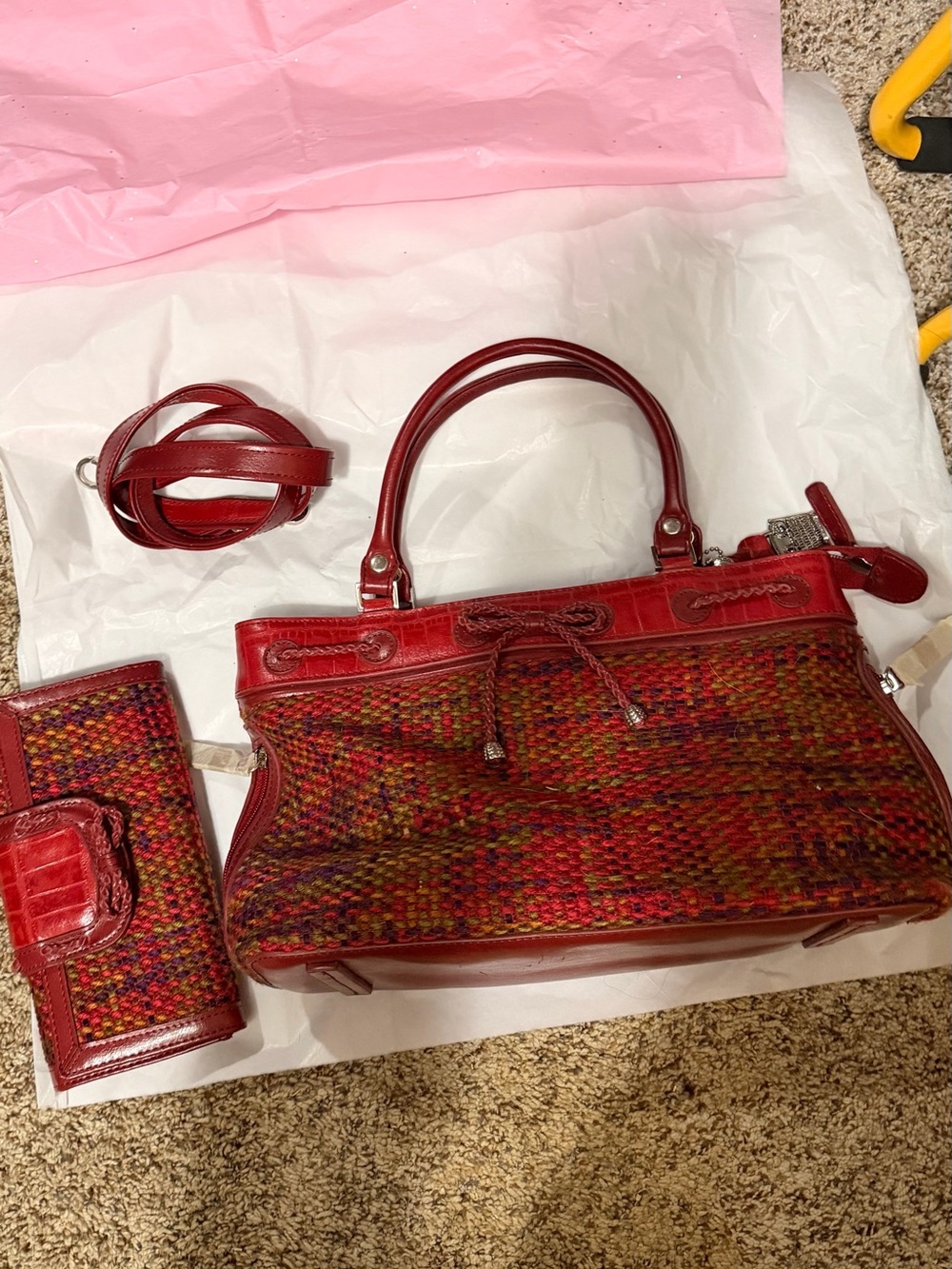 Brighton Red Multicolor Woven Satchel with Detachable Strap